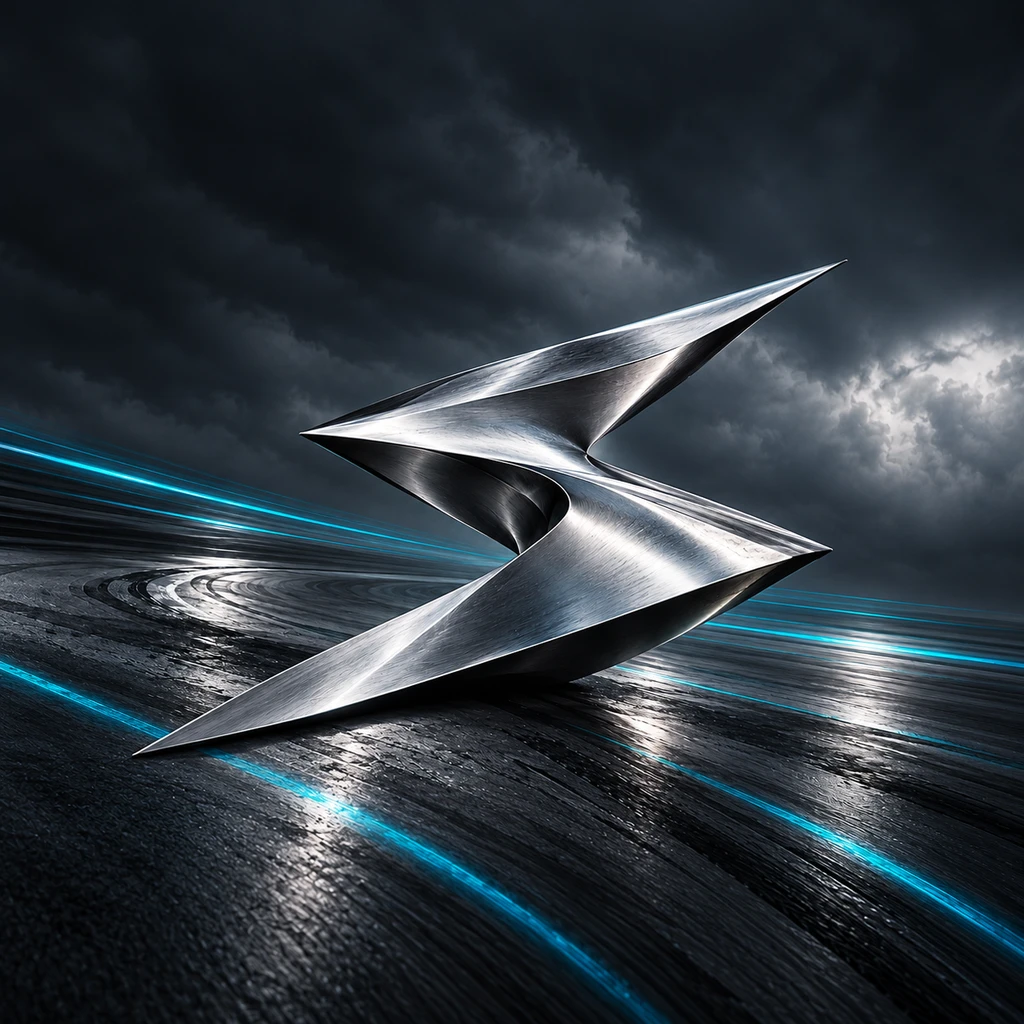 A flowing angular silver sculpture above a charcoal racing surface