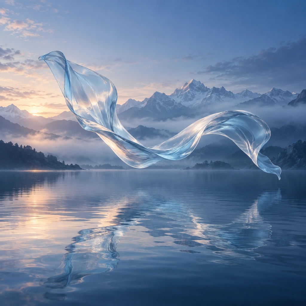 A translucent blue ribbon floating above a still mountain lake