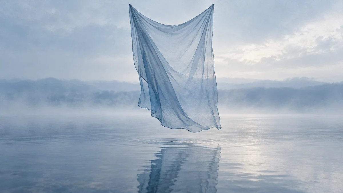 Translucent blue fabric hanging over a misty pool with one gentle ripple