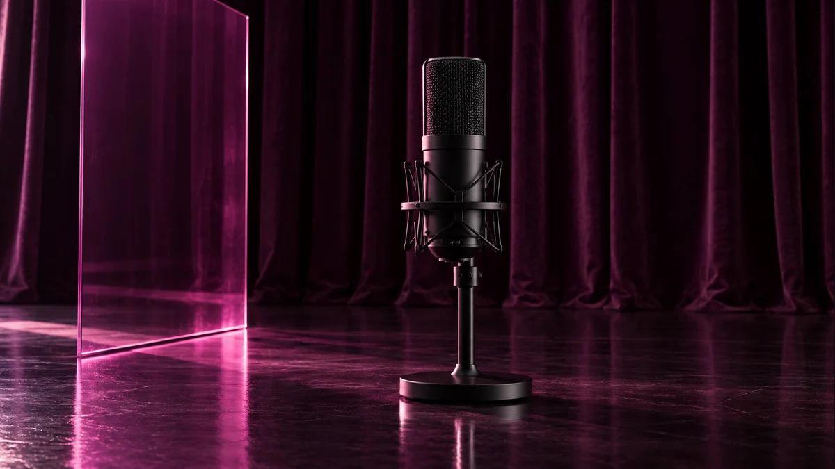 A black studio microphone against an aubergine curtain and magenta reflection