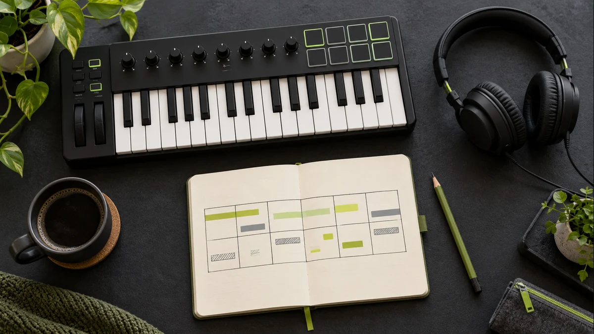 A MIDI keyboard, headphones and a notebook with an eight-cell arrangement grid