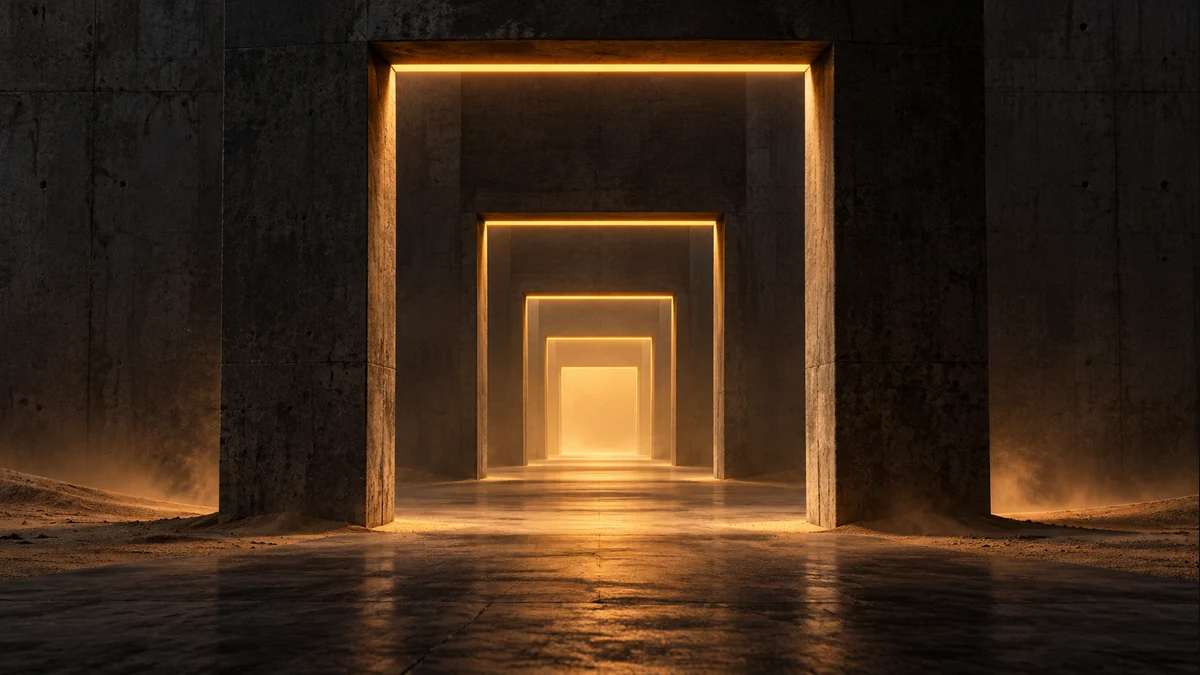Six illuminated concrete doorframes receding through a dark corridor